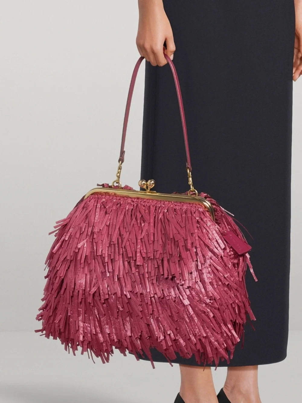 Coach Kisslock Frame Bag 27 Straw Fringe Clutch Fuchsia New